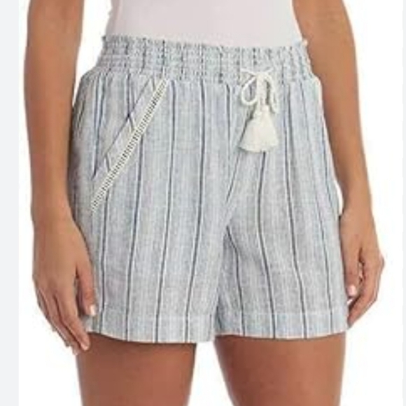 Briggs New York Pants - Briggs Women’s Blue/White Striped Gauze Linen Pull On Drawstring Shorts, Size L